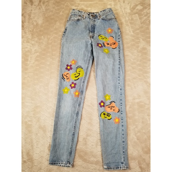 Levi's Denim - VTG Levis 512 High Rise Slim Tapered Jeans 26x32 USA Custom Painted Floral Faces